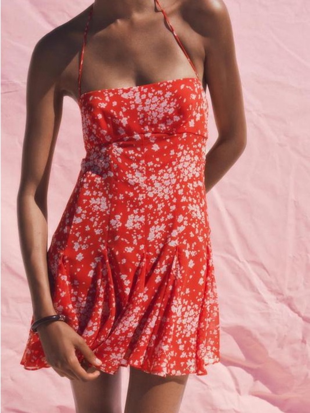Zara Red/White Chiffon Floral Halter Mini Dress - Small - NWT